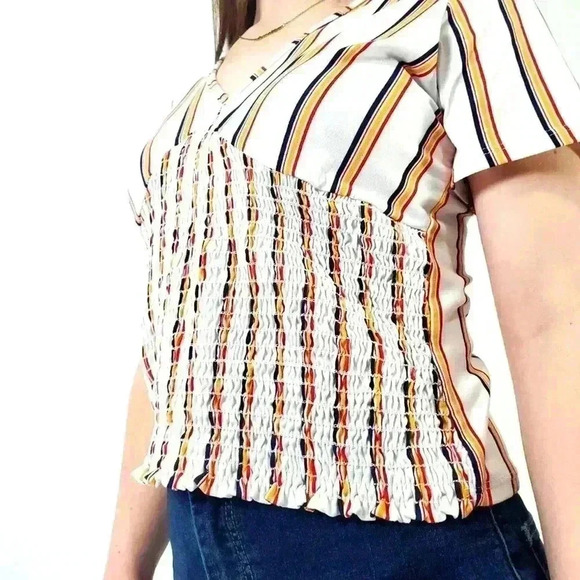 marci Rainbow Striped Cinched Stretchy Tee Top Blouse - M - Picture 3 of 6